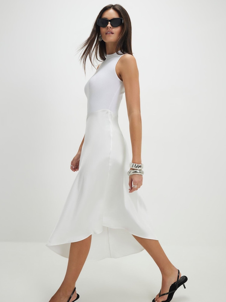 River Island Cream Hybrid Ribbed Satin Midi Dress - Image 2 of 4