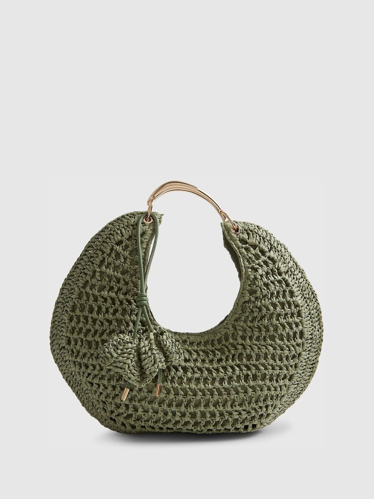 River Island Green Raffia Metal Handle Scoop Bag - Image 1 of 6 River Island Green Raffia Metal Handle Scoop Bag - Image 1 of 6