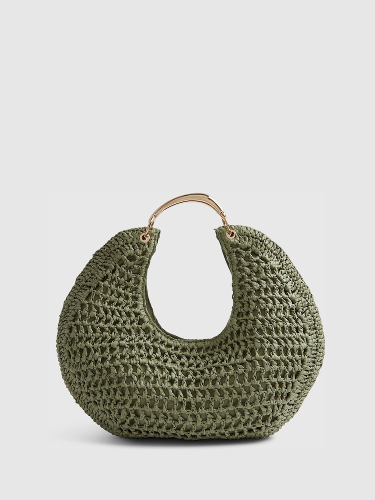 River Island Green Raffia Metal Handle Scoop Bag - Image 2 of 6 River Island Green Raffia Metal Handle Scoop Bag - Image 2 of 6