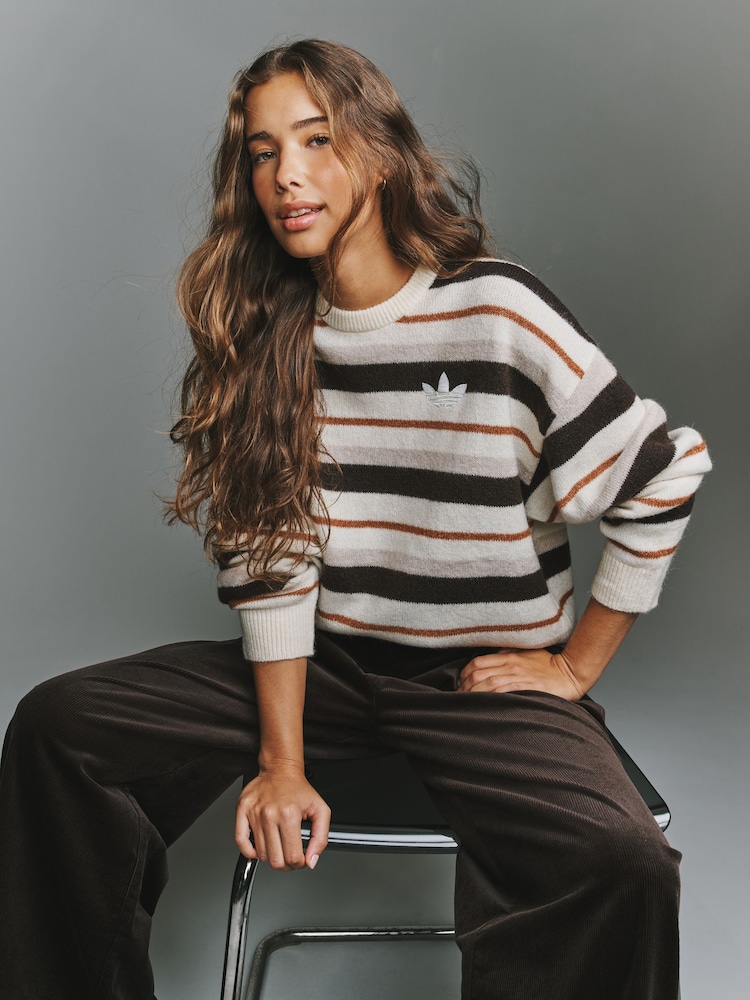 adidas originals Beige Knit Essentails Striped Crew Neck Jumper - Image 1 of 6