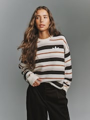 adidas originals Beige Knit Essentails Striped Crew Neck Jumper - Image 2 of 6
