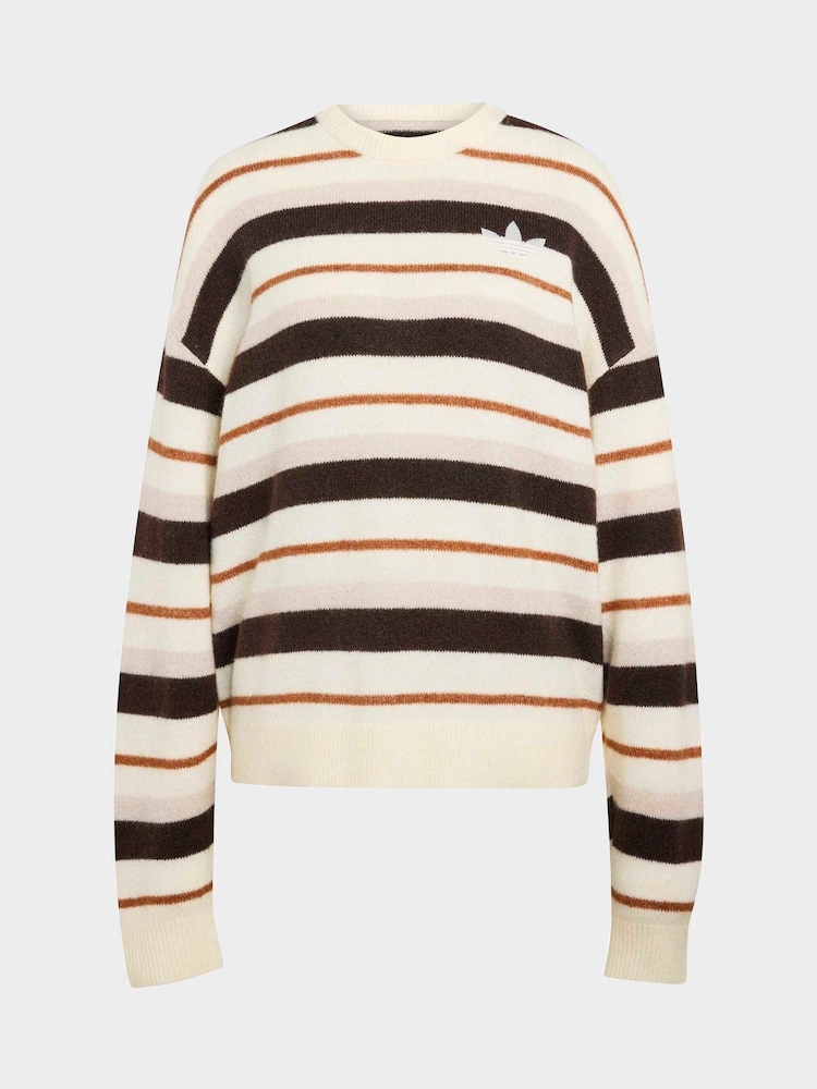 adidas originals Beige Knit Essentails Striped Crew Neck Jumper - Image 6 of 6