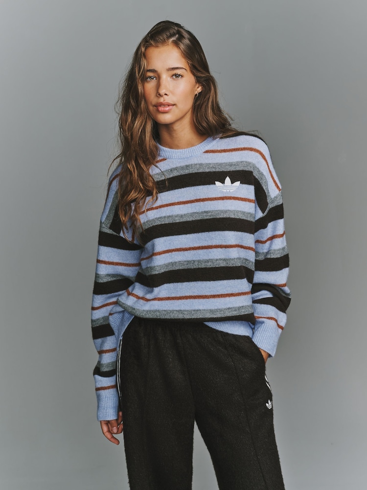 adidas originals Violet Purple Knit Essentails Striped Crew Neck Jumper - Image 1 of 5 adidas originals Violet Purple Knit Essentails Striped Crew Neck Jumper - Image 1 of 5