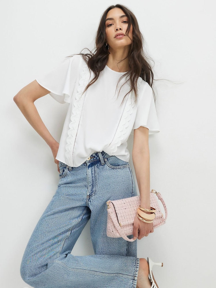 River Island White Scallop Detail T-Shirt - Image 1 of 4 River Island White Scallop Detail T-Shirt - Image 1 of 4