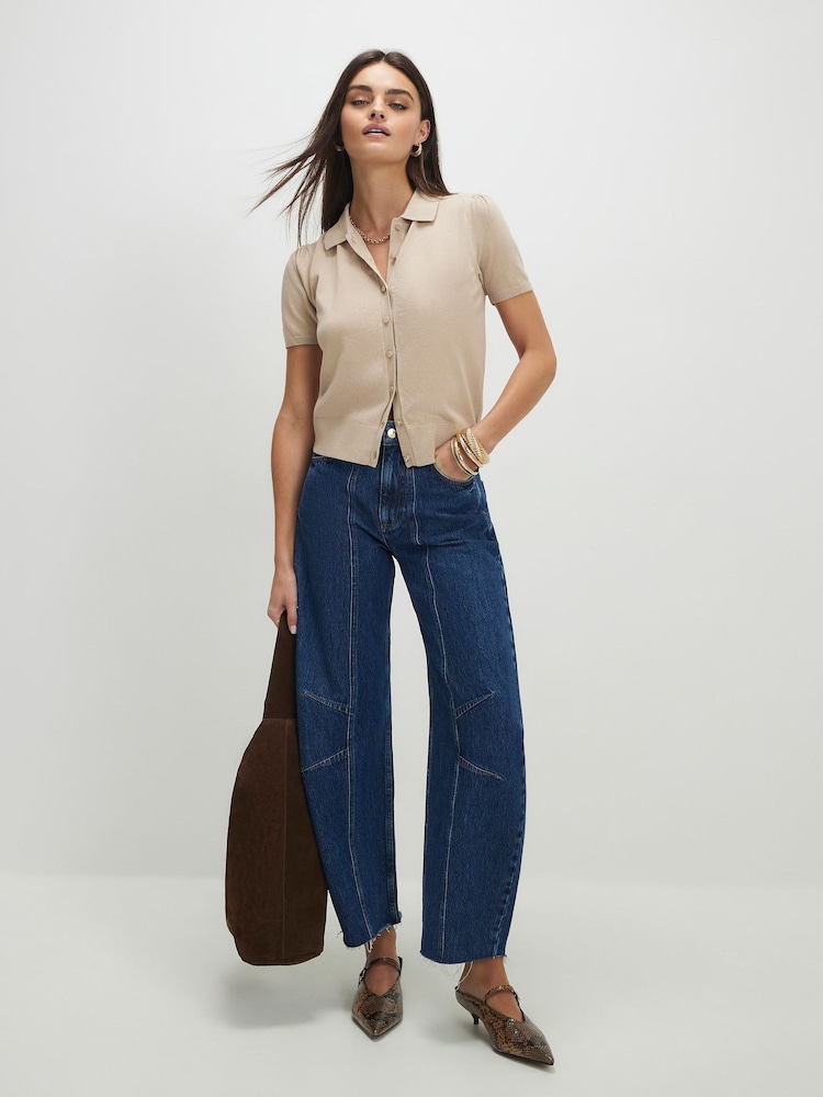 River Island Natural Short Sleeve Kniited Button Front Top - Image 2 of 4