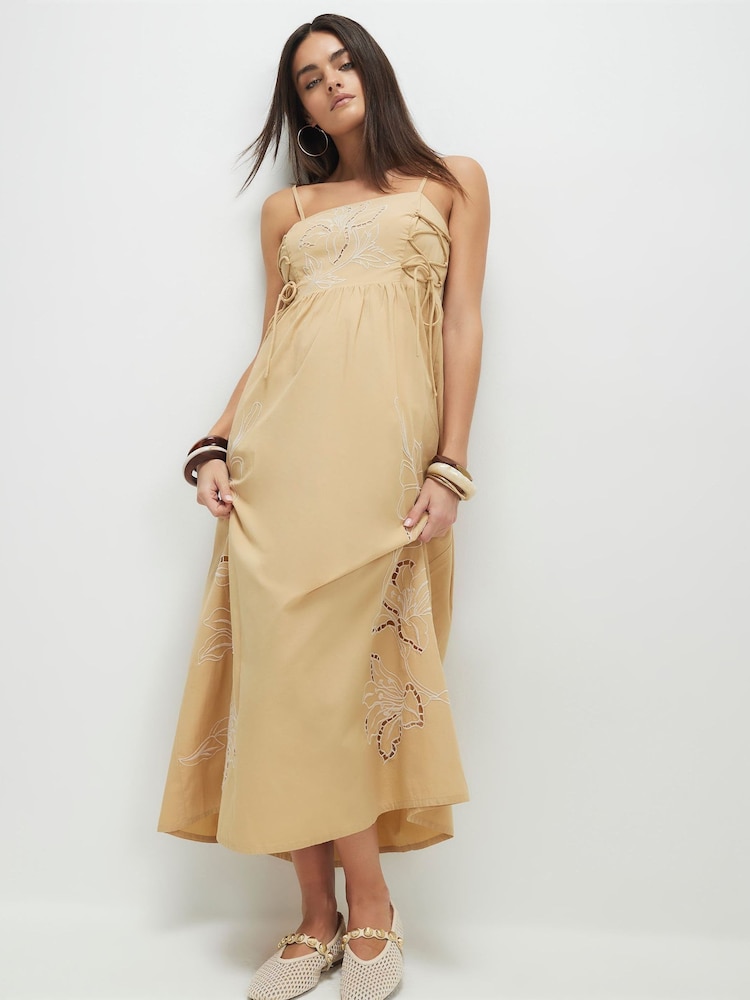 River Island Natural Cutwork Tie Side Midi Dress - Image 1 of 4