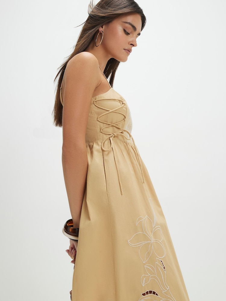 River Island Natural Cutwork Tie Side Midi Dress - Image 4 of 4