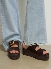 River Island Brown Wide Fit Ring Buckle Wedge Sandals - Image 1 of 6