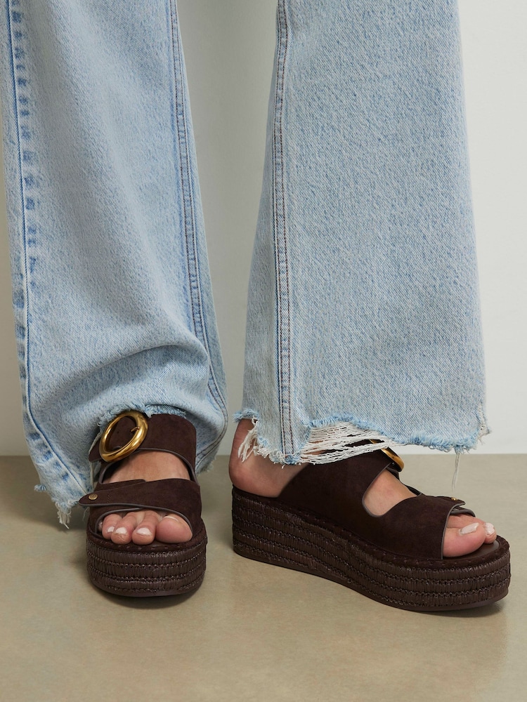 River Island Brown Wide Fit Ring Buckle Wedge Sandals - Image 1 of 6 River Island Brown Wide Fit Ring Buckle Wedge Sandals - Image 1 of 6