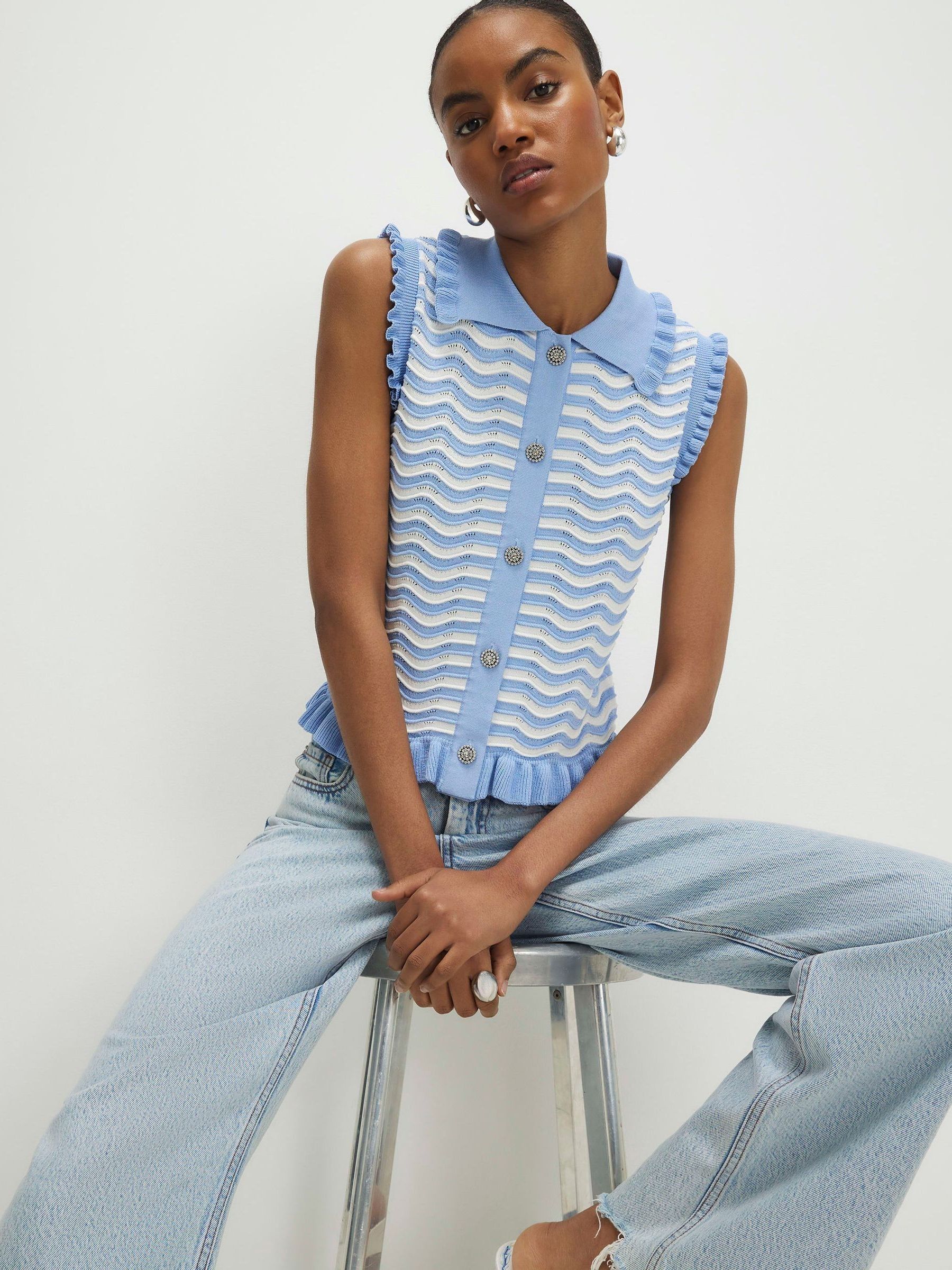Buy River Island Blue Stripe Collared Knitted Tank Top from the
