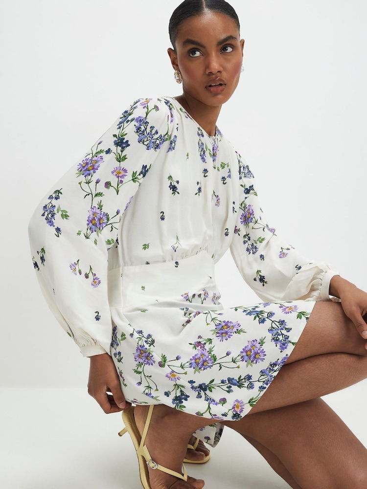 River Island White Long Sleeve Floral Mini Dress - Image 1 of 4