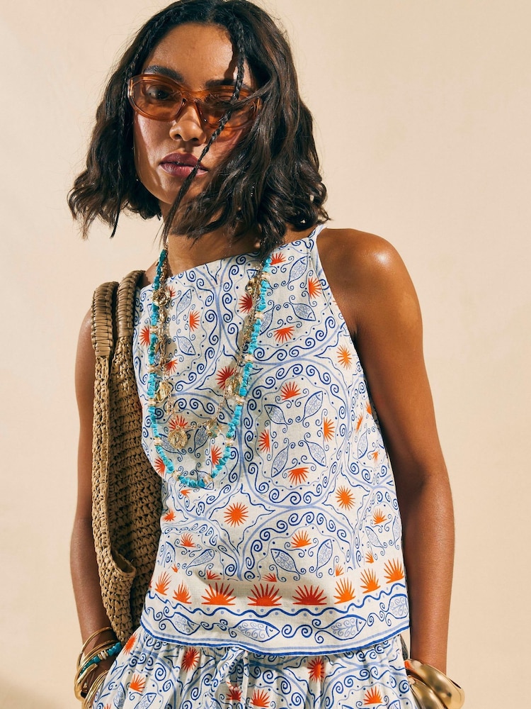 River Island Blue Printed Linen Tank Top - Image 1 of 4
