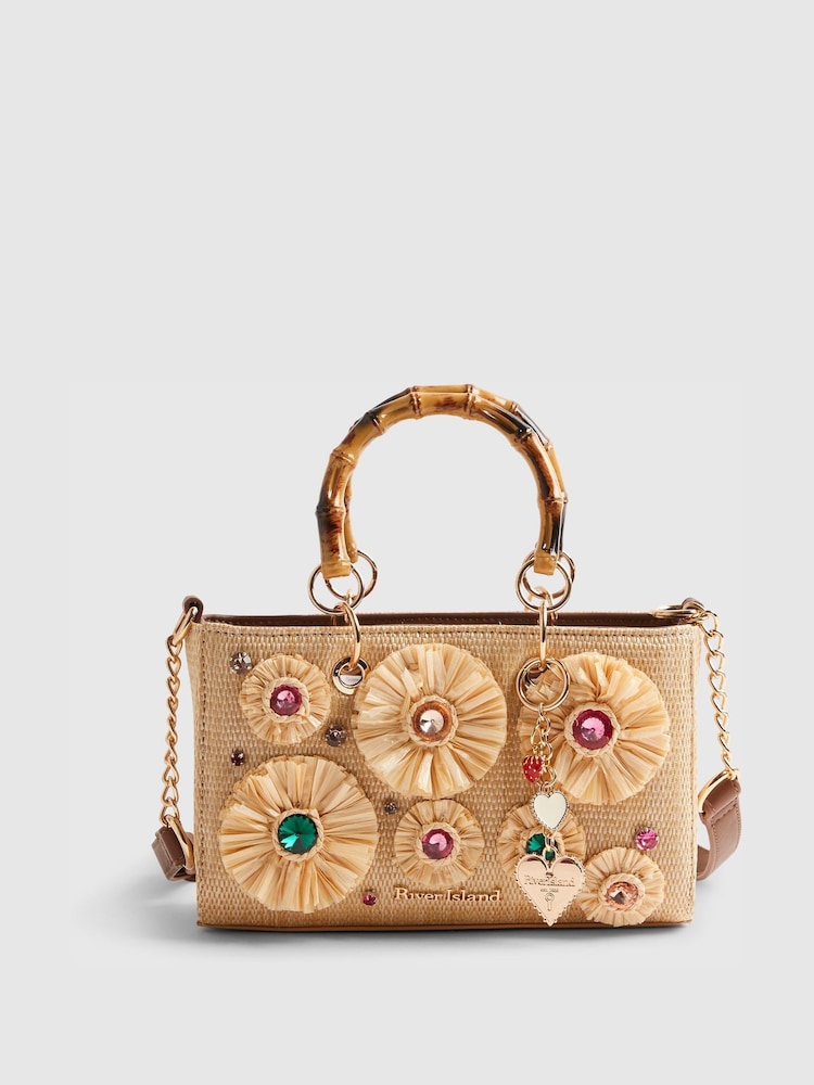 River Island Brown Raffia Gem Flower Tote Bag - Image 1 of 6 River Island Brown Raffia Gem Flower Tote Bag - Image 1 of 6
