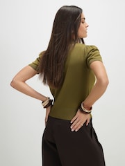River Island Green Short Sleeve Kniited Button Front Top - Image 3 of 4