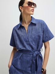 River Island Blue Textured Collared Belted Top - Image 1 of 4