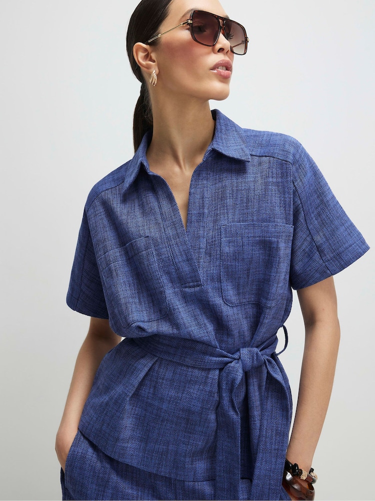 River Island Blue Textured Collared Belted Top - Image 1 of 4 River Island Blue Textured Collared Belted Top - Image 1 of 4