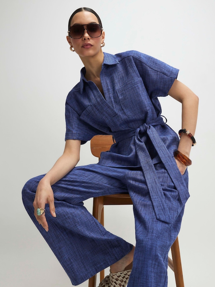 River Island Blue Textured Collared Belted Top - Image 2 of 4 River Island Blue Textured Collared Belted Top - Image 2 of 4
