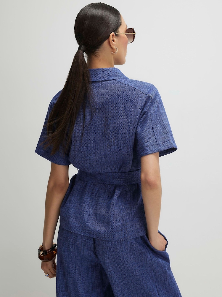 River Island Blue Textured Collared Belted Top - Image 4 of 4 River Island Blue Textured Collared Belted Top - Image 4 of 4