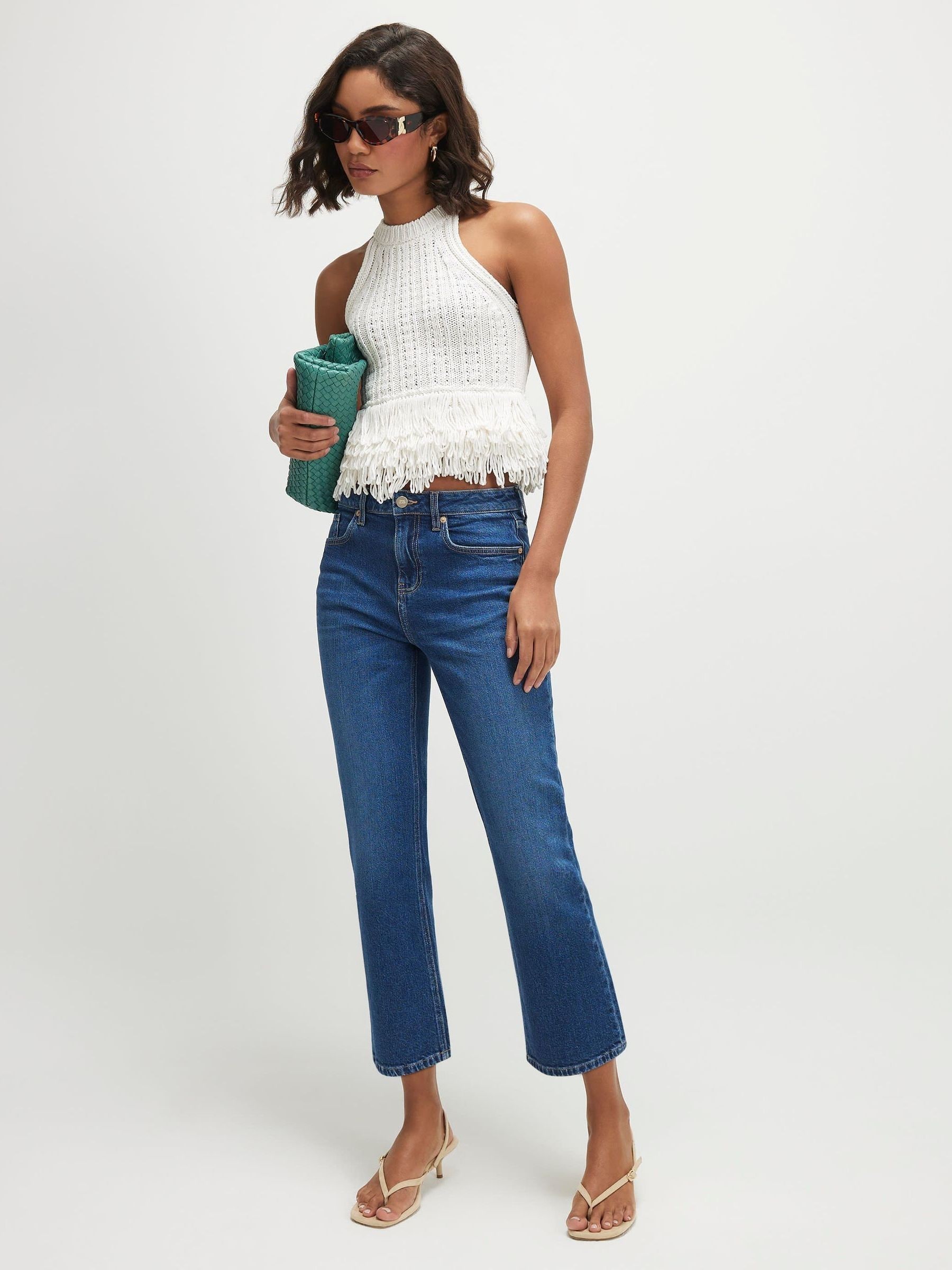 Buy River Island Blue High Rise Cropped Kick Flare Jeans from the