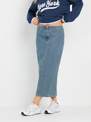 PixieGirl Petite Blue Denim Seam Midi Skirt - Image 1 of 5