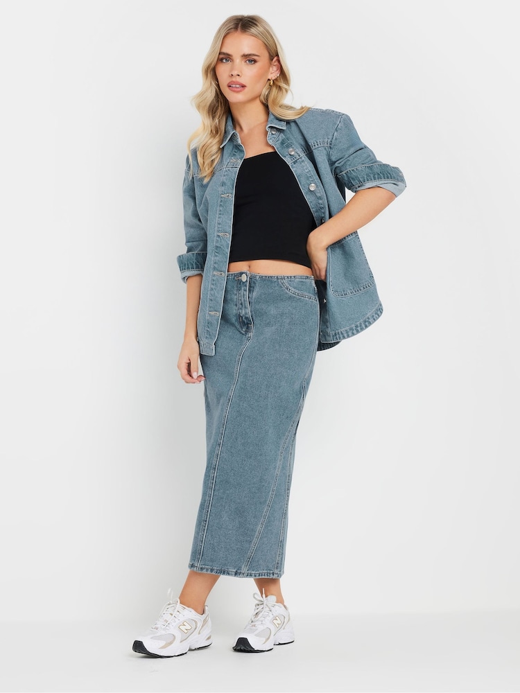 PixieGirl Petite Blue Denim Seam Midi Skirt - Image 2 of 5