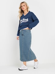 PixieGirl Petite Blue Denim Seam Midi Skirt - Image 3 of 5