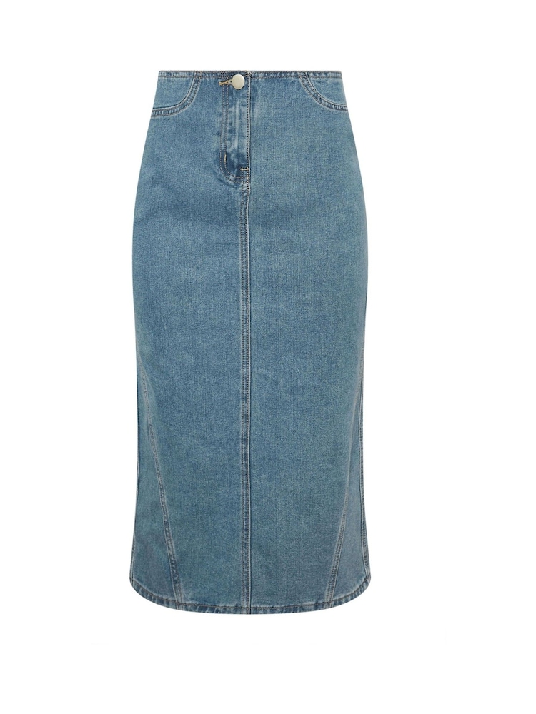 PixieGirl Petite Blue Denim Seam Midi Skirt - Image 5 of 5