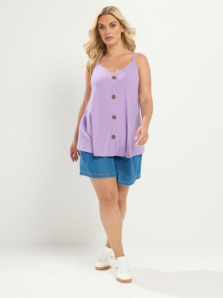 Yours Curve Purple Ribbed Swing Buttoned Cami - Image 2 of 6 Yours Curve Purple Ribbed Swing Buttoned Cami - Image 2 of 6