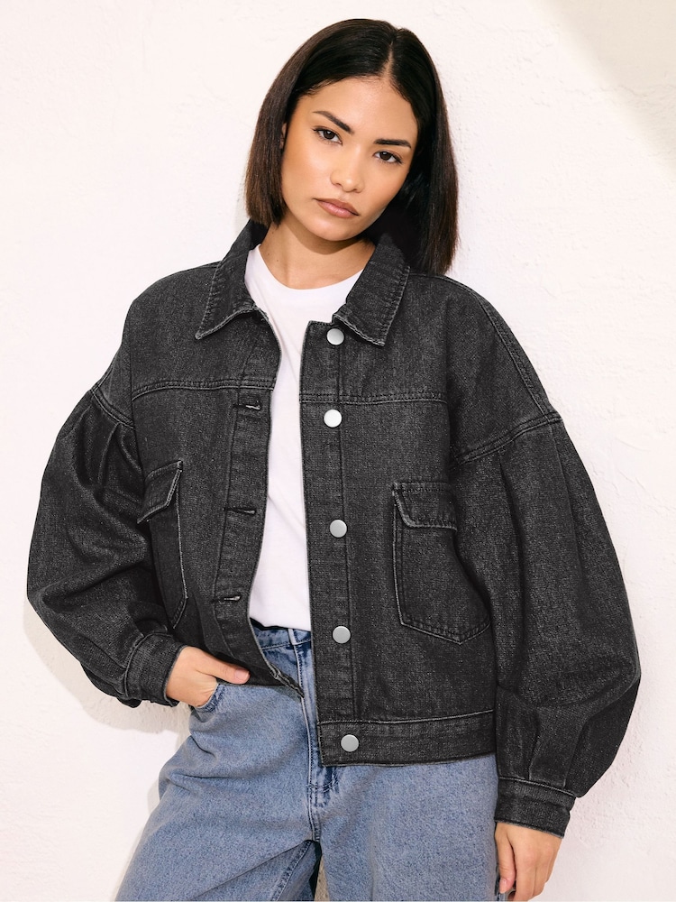 PixieGirl Petite Black Denim Balloon Sleeve Jacket - Image 1 of 5