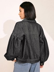 PixieGirl Petite Black Denim Balloon Sleeve Jacket - Image 2 of 5