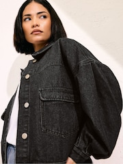 PixieGirl Petite Black Denim Balloon Sleeve Jacket - Image 4 of 5