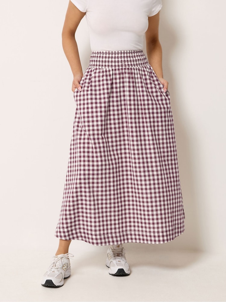 PixieGirl Petite Red Gingham Shirred Waist Midi Skirt - Image 1 of 5 PixieGirl Petite Red Gingham Shirred Waist Midi Skirt - Image 1 of 5