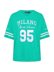 Yours Curve Green Placement Print Boxy Varsity T-Shirt - Image 6 of 7