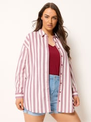 Yours Curve Red Long Sleeve Linen Blend Stripe Shirt - Image 1 of 6