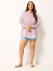 Yours Curve Red Long Sleeve Linen Blend Stripe Shirt - Image 2 of 6