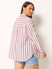Yours Curve Red Long Sleeve Linen Blend Stripe Shirt - Image 4 of 6