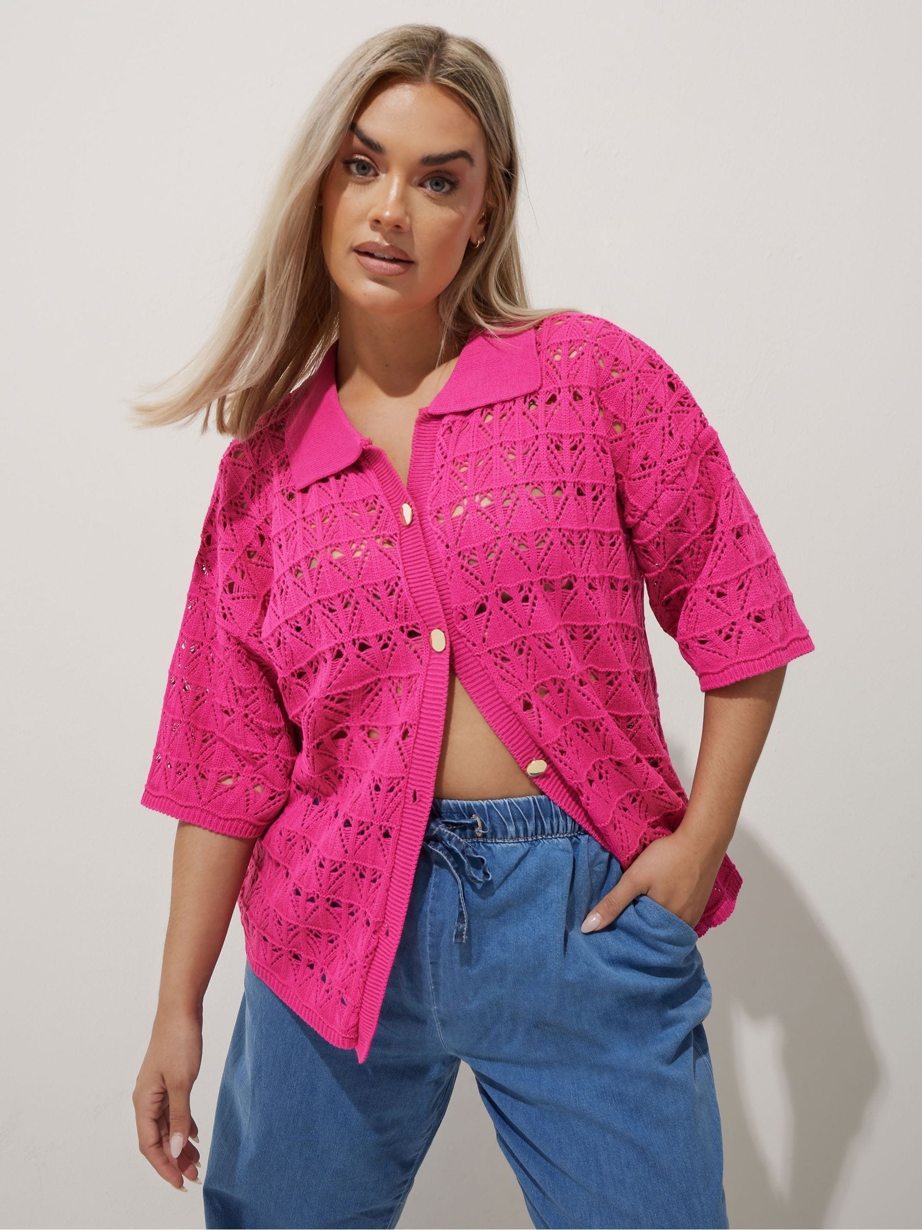 Yours Curve Women's Pink Limited Crochet Shirt