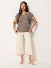 M&Co Brown Petite Textured V-Neck T-Shirt - Image 2 of 5