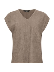 M&Co Brown Petite Textured V-Neck T-Shirt - Image 5 of 5