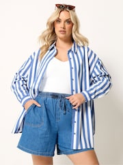 Yours Curve Blue Long Sleeve Linen Blend Stripe Shirt - Image 1 of 5