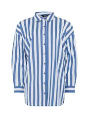 Yours Curve Blue Long Sleeve Linen Blend Stripe Shirt - Image 5 of 5