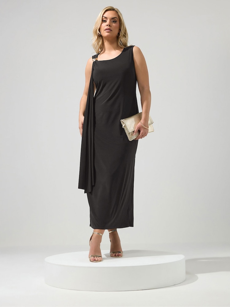 Yours Curve Black London Sash Metal Detail Dress - Image 1 of 5