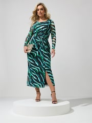 Yours Curve Green London Mesh Side Knot Midi Dress - Image 1 of 5