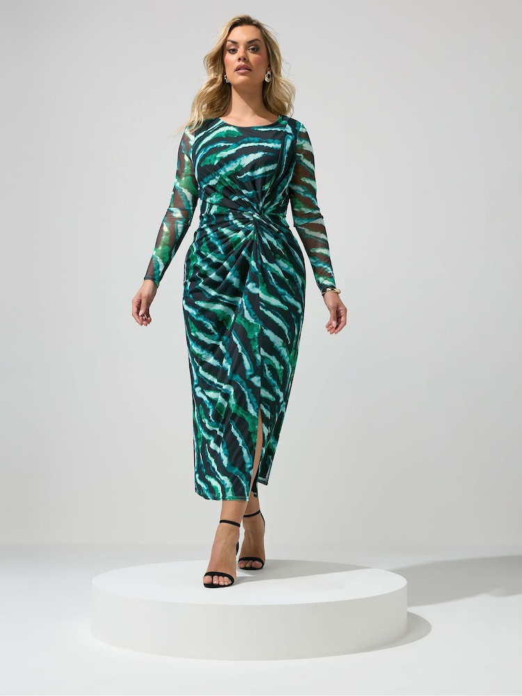 Yours Curve Green London Mesh Side Knot Midi Dress - Image 2 of 5
