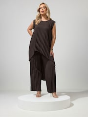 Yours Curve Brown London Pleated Top & Trousers Set - Image 1 of 6