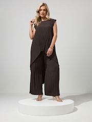 Yours Curve Brown London Pleated Top & Trousers Set - Image 2 of 6