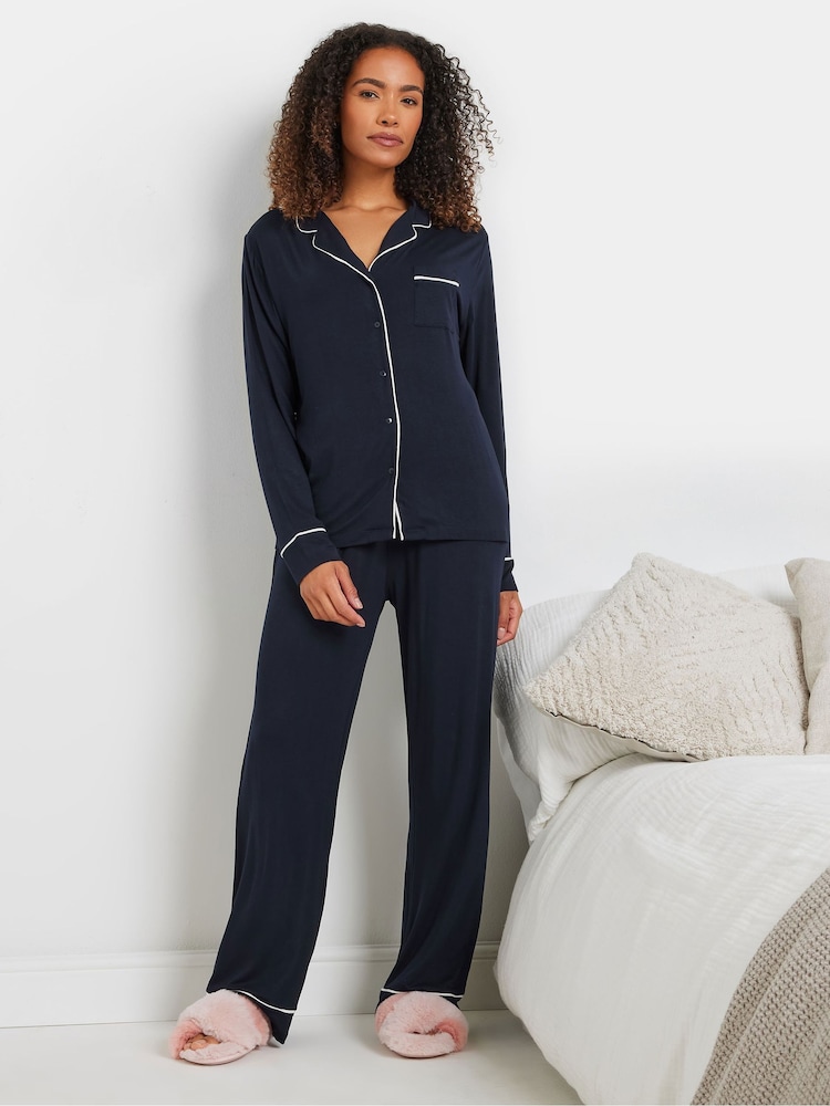 M&Co Blue Piped Long Sleeve Jersey Pyjamas Set - Image 2 of 4 M&Co Blue Piped Long Sleeve Jersey Pyjamas Set - Image 2 of 4