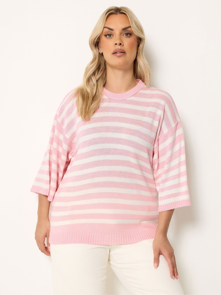 Yours Curve Pink Stripe Short Sleeve Knitted Crew Neck Jumper - Image 1 of 4
