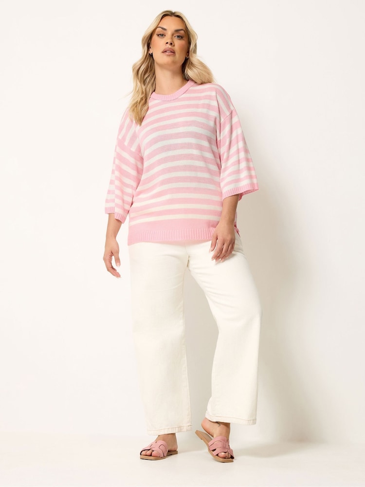 Yours Curve Pink Stripe Short Sleeve Knitted Crew Neck Jumper - Image 2 of 4
