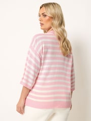 Yours Curve Pink Stripe Short Sleeve Knitted Crew Neck Jumper - Image 3 of 4